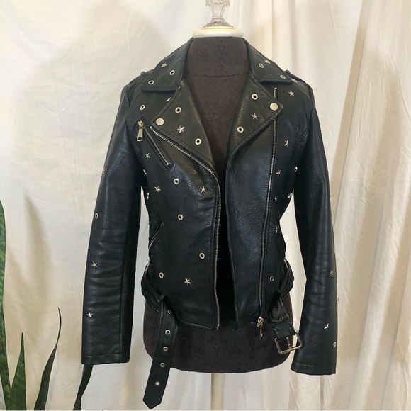 Vigoss Star Studded Black Faux Leather Motorcycle Jacket - Picture 2 of 11